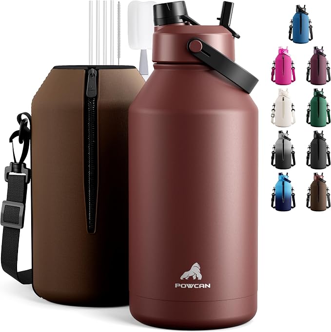 POWCAN 64 oz Insulated Water Bottle with Carrier Bag, Leakproof, Straw and Spout Lid, Keep Cold 48H, Cleaning Brush, BPA-Free, Stainless Steel Water Bottle for Travel, Sports and Picnic (Cocoa) by POWCAN