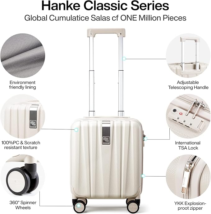 Hanke 14 Inch Underseat Carry On Luggage with Wheels, Lightweight, Waterproof, TSA-Approved, Suitcase, Ivory White - Image 4