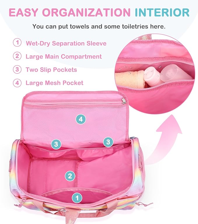 Kids Duffle Bag,VASCHY Travel Bag for Toddler Children Girls Water Resistant Overnight Duffel Ballet Dance Sport Carry On Weekender Bag with Shoes Compartment Dry Wet Pocket Unicorn - Image 3