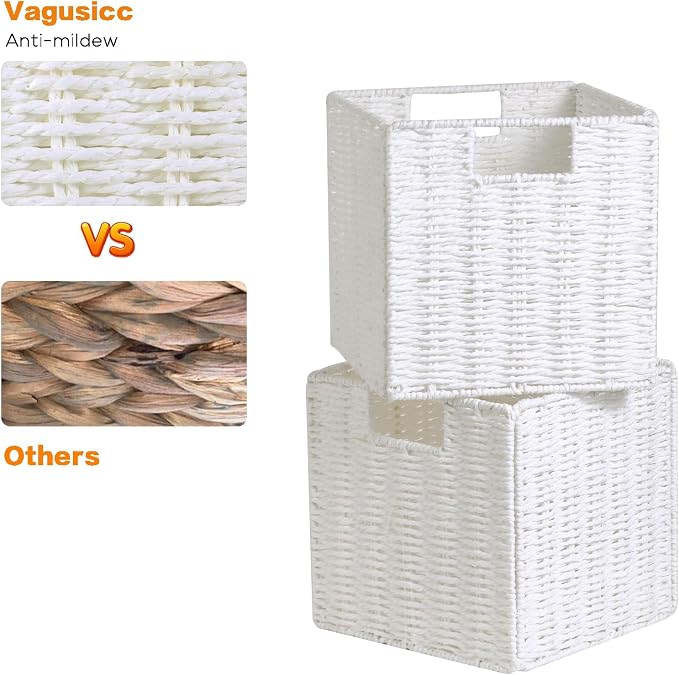 Vagusicc Wicker Storage Basket, Set of 2 Hand-Woven Wicker Baskets for Organizing, Foldable Cube Storage Basket Bins, 13 Inch Large Wicker Storage Baskets for Shelves & Decor, White (13''x13''x13'') - Image 2