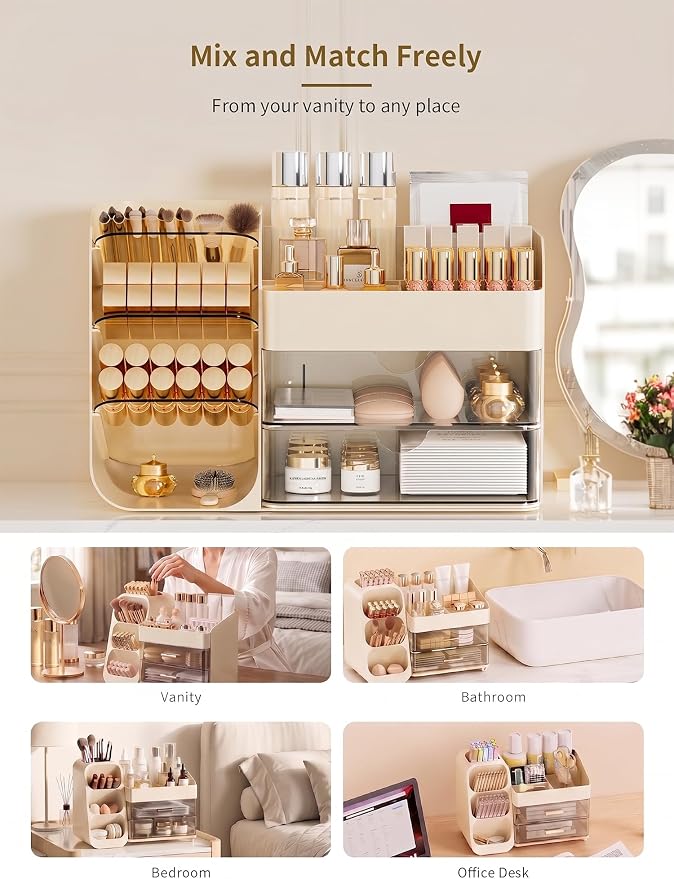 Booklov Small Makeup Organizer for Vanity and Bathroom Countertop, Cream | Clear Acrylic Cosmetic Display Case, Beauty Brush Holder for Dresser Counter Skincare Eyeshadow Lipstick Perfume Storage - Image 7