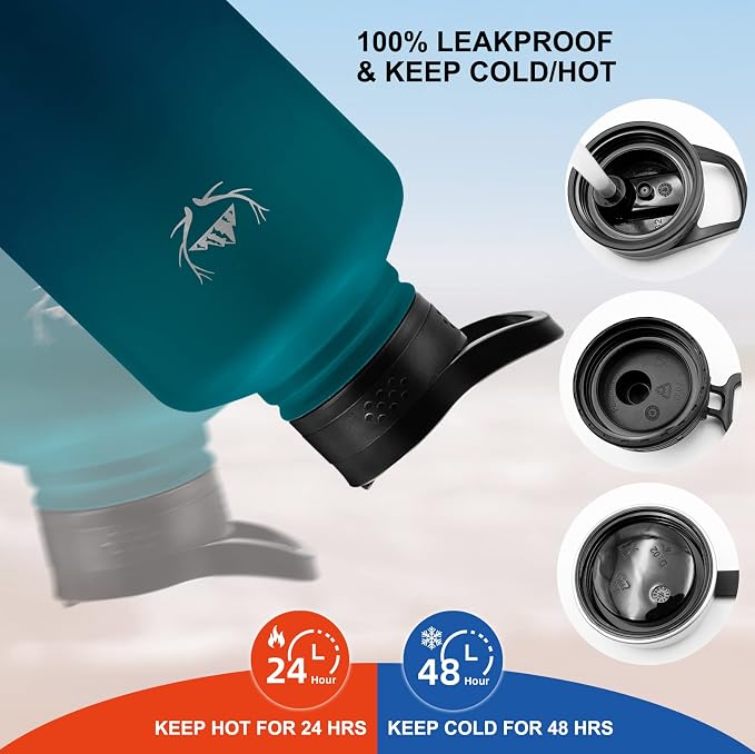 NATURE PIONEOR 64 oz Insulated Water Bottle with Carrier Bag & 3 Lids | 18/8 Food-grade Stainless Steel, Double Vacuum Insulation, 3 Leak-proof Lids, Strap, Camping, Hiking, Gym, Work - Image 3