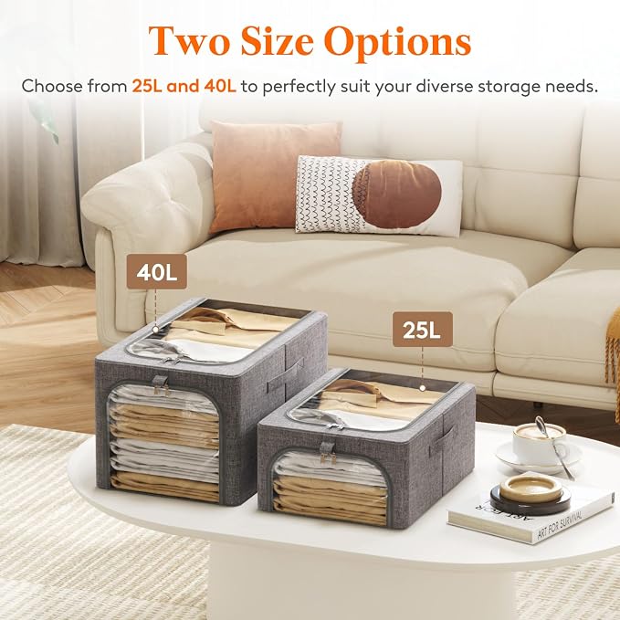 Lifewit Clothes Storage Bins with Metal Frame 6 Pack, Fabric Stackable Storage Bags with Lids, Zipper, Foldable Clost Organizers Containers for Clothing, Blanket, Winter Cloth, 25L - Image 9