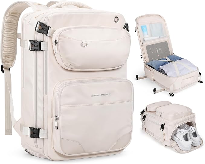 Maelstrom Travel Backpack for Men Women, 35L Carry on Backpack for Traveling on Airplane,with Belt Bag&Shoe Compartment,Waterproof Laptop Backpack fit 17”Laptop-Beige, Large by Maelstrom