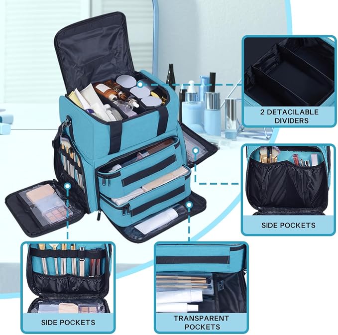 Large Makeup Bag with 2 Removable Case Cosmetic,Green | Large Makeup Bag with 2 Removable Case Multifunctional Cosmetic Bag Double Layer Travel Toiletry Organizer - Image 3
