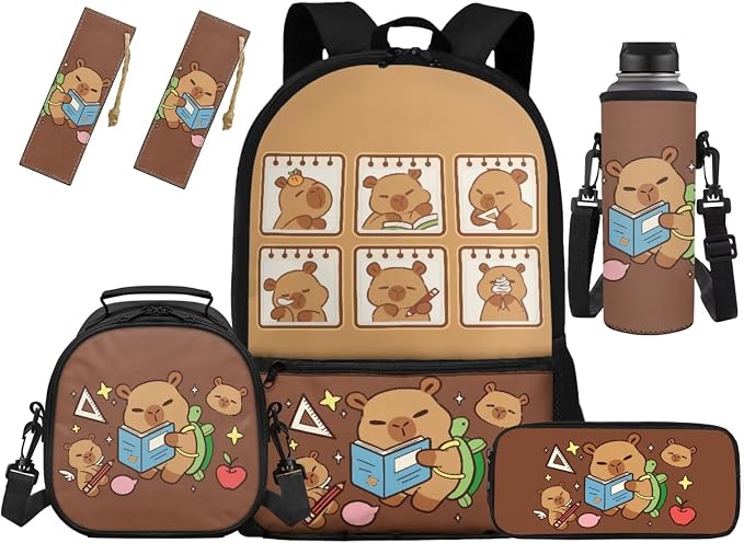 Cappybara Backpack 5 Pcs Kids Backpack with Lunch Box Water Bottle Pouch and Kawaii Pencil Case Bookmark 5Pcs Set for Travel Preschool Back to School Supplies by Unknown