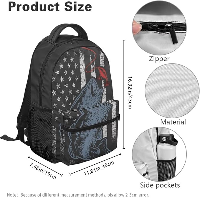 USA Flag Bass Fishing Boys Backpack Set 4-Piece, Patriotic Bookbag with Lunch Box Pencil Case for Elementary School Kids, Water Resistant School Bag for Ages 6-12, Grades 1-5 - Image 4