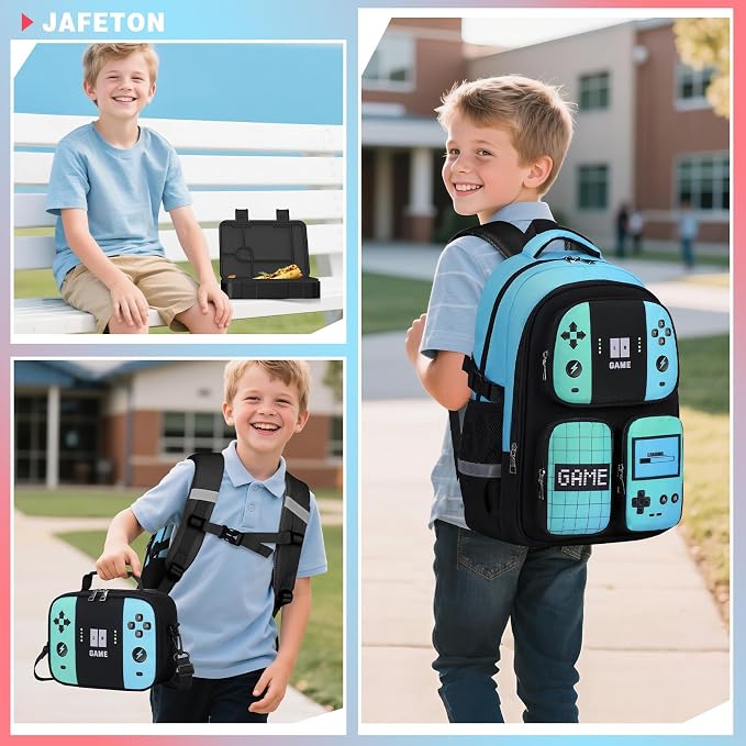 Jafeton School Backpack for Boys, 4 PCS Gamer Boy Backpack Set with Bento Box, Lunch Box & Pencil Pouch, Waterproof Schoolbag for Boys Kids Teens, Elementary Middle School, Kid Bookbag Casual Daypack - Image 9