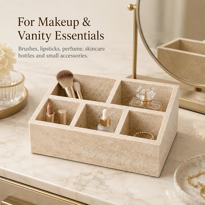 Travertine 5-Compartment Desk Organizer, Beige | Natural travertine with 5 compartments for pens, makeup brushes, skincare bottles, office supplies and vanity items - Image 3