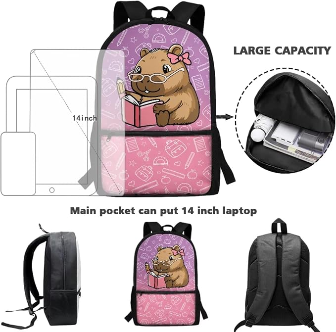 Cute Capybara 3PCS Backpack for Kids Girls School Bookbags with Lunch Bag Pencil Case 17 Inch Lightweight Bookpack for Elementary School Students - Image 2