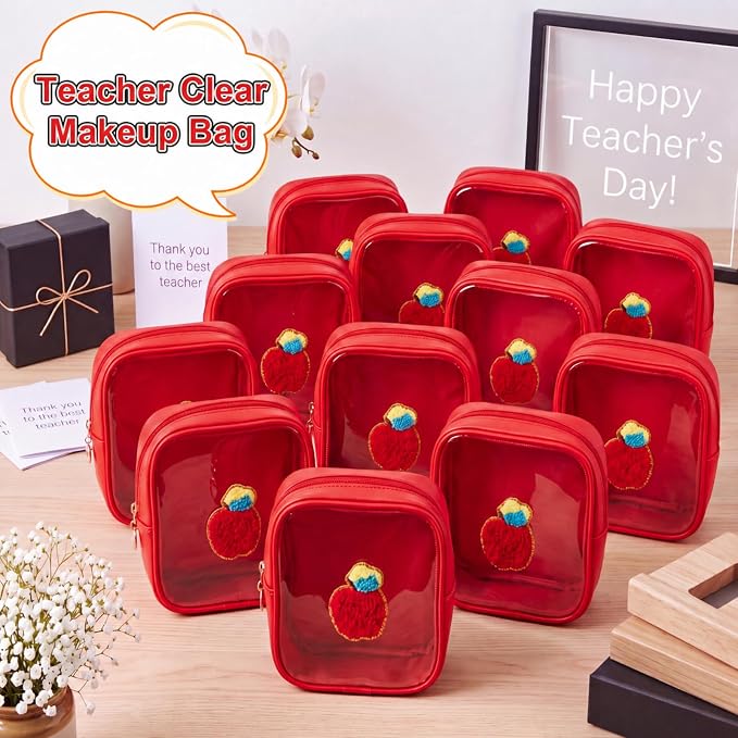 12 Pack Back to School Clear Makeup Bag PVC Transparent Cosmetic Pouch with Red Apple Embroidery, Teacher Appreciation Gifts, Small Waterproof Leather Bag for Women - Image 4