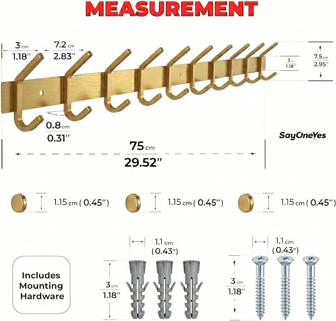 Brushed Gold Wall Mounted Coat Rack – 30 Inch Stainless Steel Rail with 10 Double Coat Hooks for Entryway, Bathroom, Bedroom, Kitchen – Modern Gold Hook Rack for Coats, Hats, Towels - Image 2