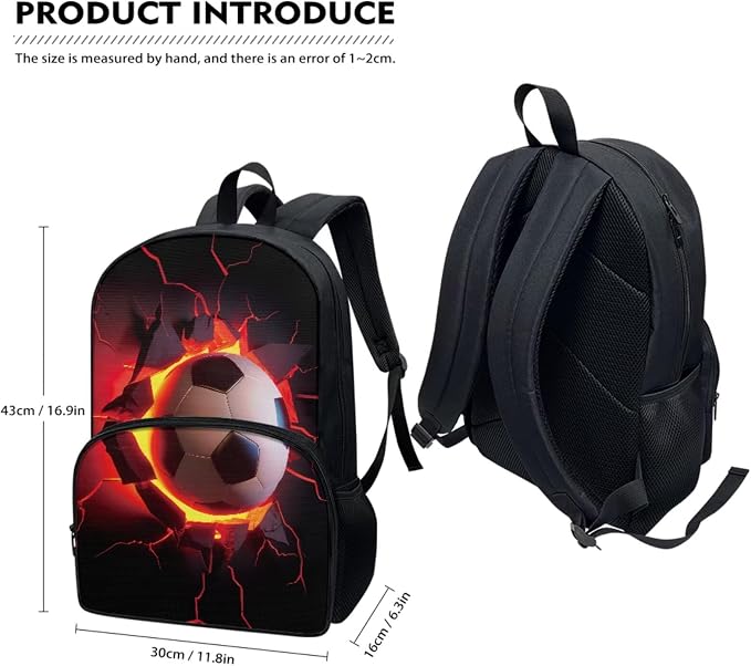 4 Pack Boys Backpack Football Backpack Fire Football Bookbag with Insulated Lunch Box Pencil Case Water Bottle Holder Bag Lightweight Casual Daypack for Preschool,Elementary，Middle High School - Image 2