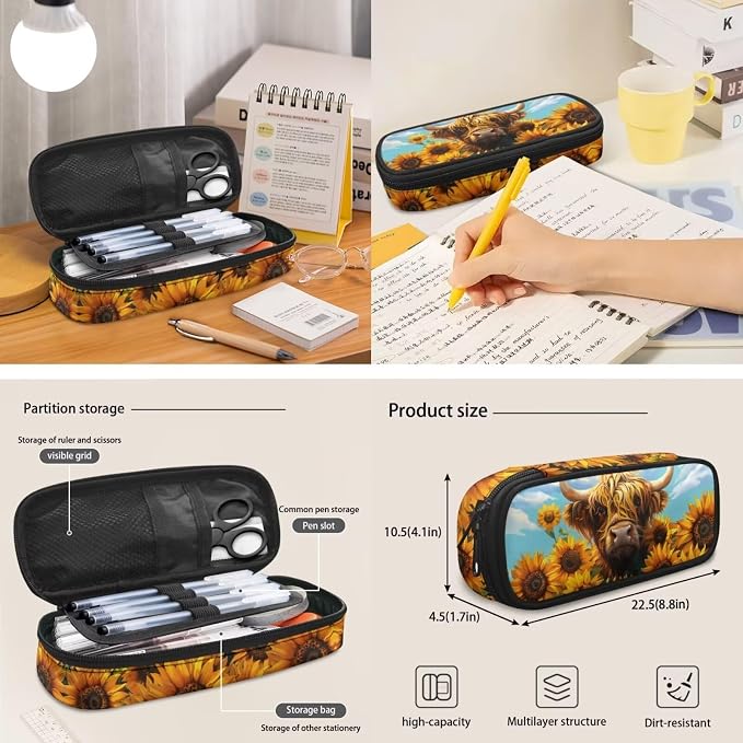 Sunflower Highland Cow Backpack for Girls School Bag Aesthetic Backpacks with Lunch Bag & Pencil Case Kawaiian Schoolbag 3 in 1 Rucksack Bookbag Set - Image 5