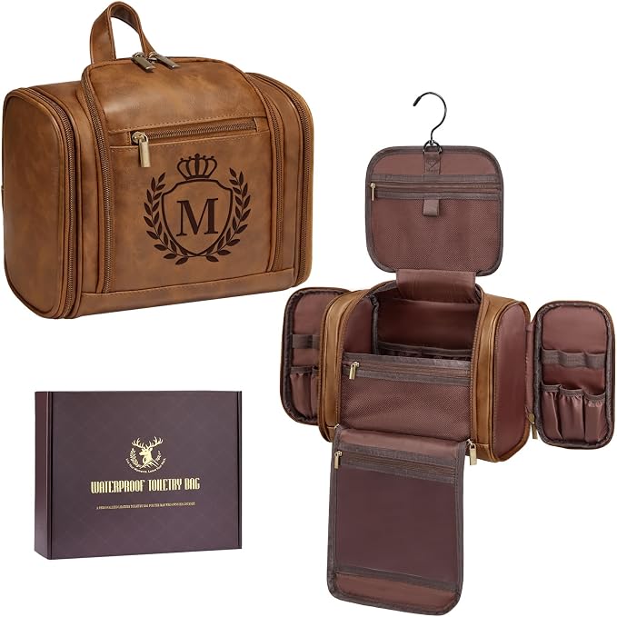 Personalized Gifts for Him 1 2 3 4 5 6 7 8 9 10 15 20 Year Anniversary Boyfriend Husband, Large Mens Leather Travel Toiletry Bag Hanging Shaving Dopp Kit Organizer, Mustard Initial Letter M by Aganmi