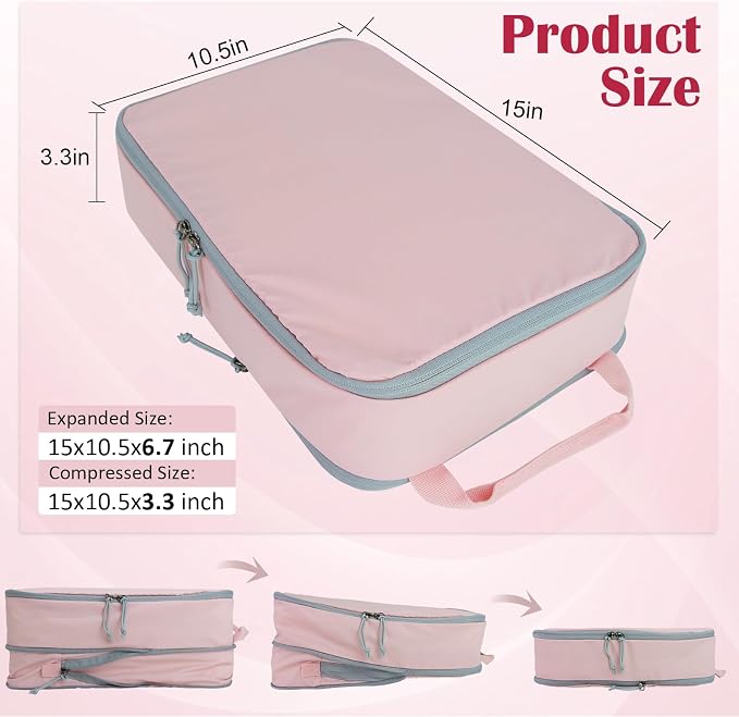 Large Compression Packing Cubes for Travel, 2 Set Compression Bags Travel Cubes for Packing Suitcase Organizer Luggage Organizer Bags Set, Pink - Image 3