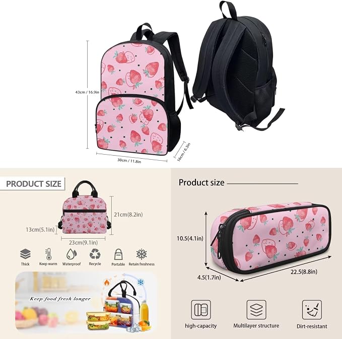 Pink Strawberry Backpack Set for Girls Kids Lightweight Cute School Backpack with Lunch Box Pencil Case Adjustable Strap Padded Book Bag Insulated Lunch Bag - Image 4