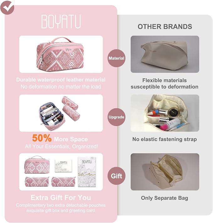 BOYATU Travel Makeup Bag Organizer: Boho Large Capacity Cosmetic Bag Sets | 3Pcs Waterproof Leather Toiletry Bags | 180°Open Flat Make up Case with Compartments | Western Travel Essentials for Women - Image 7