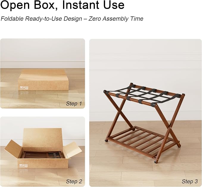 Fully Assembled Luggage Rack for Guest Room, Bamboo Suitcase Stand with Foldable Storage Shelf, Crossed Nylon Straps Folding Luggage Holder for Bedroom and Hotel, Walnut - Image 5