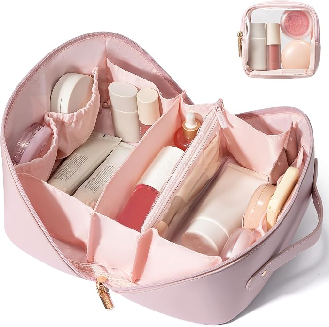LOVEVOOK Travel Makeup Bag for Women, 2Pcs Large Capacity Cosmetic Organizer Bag, Waterproof PU Leather, Flat Open Portable Small Toiletry Pouch for Skincare, Brushes & Travel Essentials by LOVEVOOK