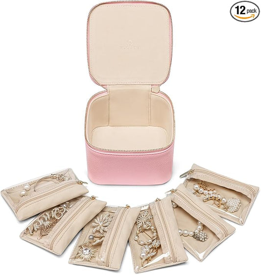 VLANDO Travel Jewelry Box for Women,Faux Leather Jewelry Case with 6 Velvet Jewelry Zipper Pockets,Gift Ideas for Women Wife Earrings Necklace Rings Storage Boxes(Strawberry Pink) by VLANDO