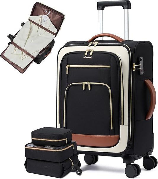LOVEVOOK Carry on Luggage Airline Approved with Garment Bag & Spinner Wheels, 26.5 Inch Large Rolling Suitcase with TSA Lock, Softside Lightweight Underseat Carryon Luggage for Women Travel, 3Pcs by LOVEVOOK