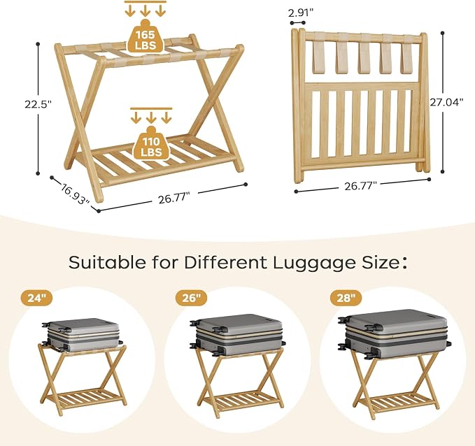 Full Assembled 26.77"L Luggage Rack for Guest Room, Set of 1 Foldable Suitcase Stand with 5 Nylon Straps, Luggage Holder with Shoe Shelf for Suitcases, Hotel (Natural Wood Bamboo Luggage Stands) - Image 2