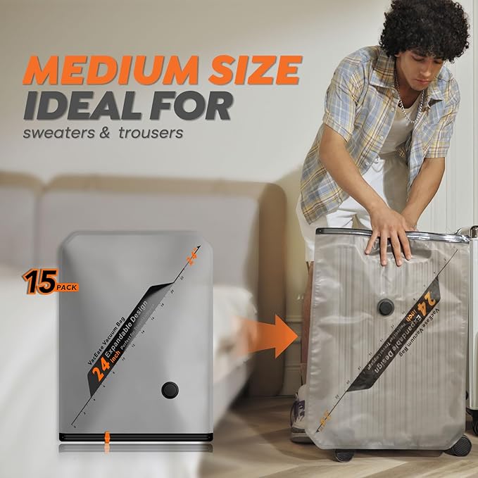 Rechargeable Wireless Pump Travel Storage Bags Set - 15 Pack Medium Size Vacuum Bags for Travel & Home, Space-Saving Compression Packing for Clothes, Blankets & Bedding