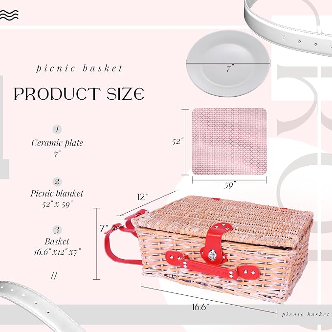 Picnic Basket Set for 4 with Waterproof Blanket Mat Insulation Bag Wicker Floral Pink Red Love Plaid Cute Kawaii Gift for Wedding Birthday Summer Camp Outdoor Camping Beach Travel Christmas - Image 3