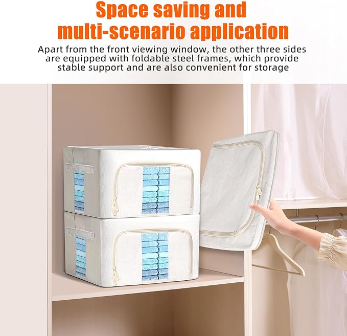 Foldable Clothes Storage Bins with Solid core powder-coated steel fram, 24/ 66L Storage Bags Fabric Box Organizer with Clear Window Zippers Sturdy Handles 2 Pack (Beige, 24L 1Pack) - Image 7