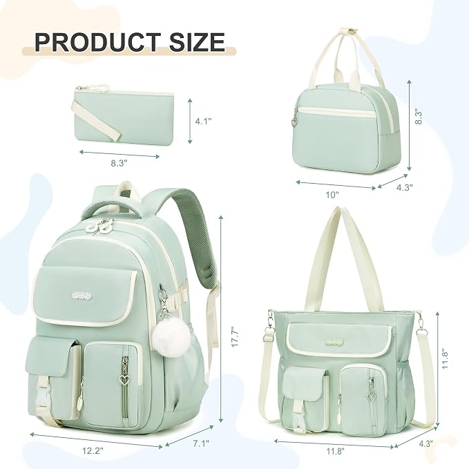 DIGOBAY Backpacks for Girls, 4PCS School Girls Backpack with Tote Bag Lunch Box Pencil Pouch for Teen Kids Elementary Primary Middle High College Travel School bag Bookbag Set, Green - Image 2
