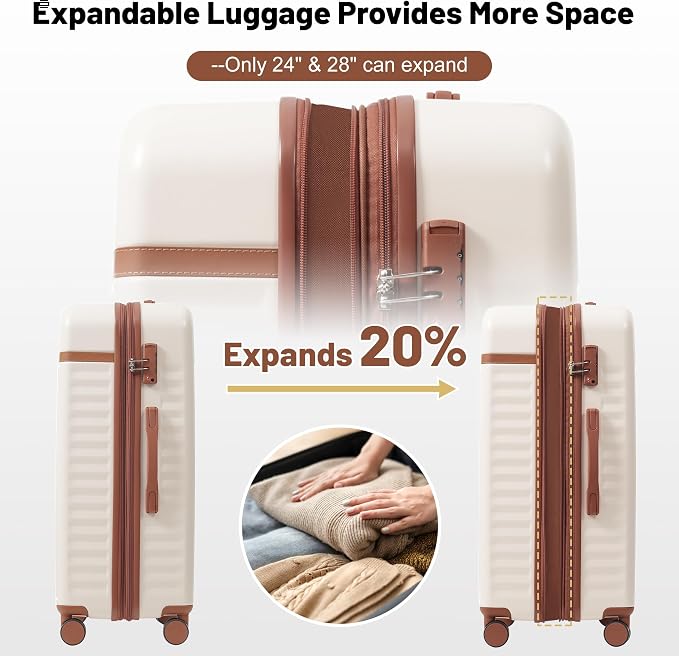 Merax Luggage Sets, Durable Hardshell 3 Piece Suitcase with Bags | Lightweight Carry on Luggage with Double Spinner Wheels and TSA Lock,20+24+28 inches,White and Brown - Image 3
