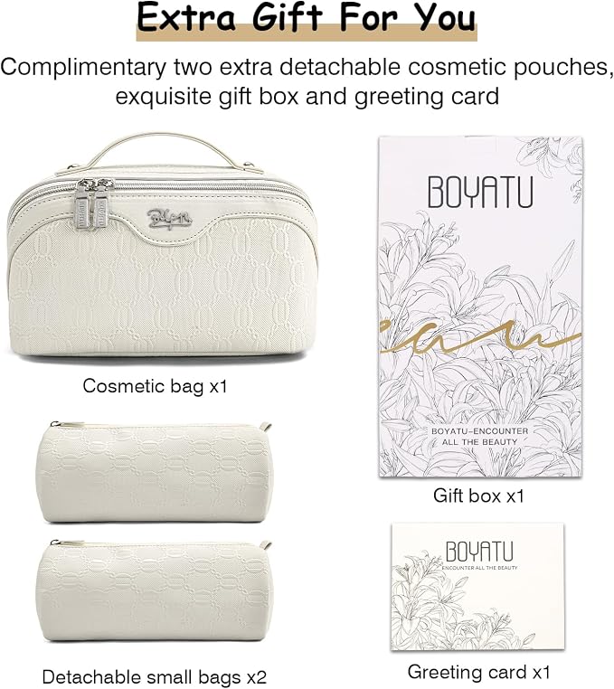 BOYATU Travel Makeup Bag for Women: Cosmetic Organizer Bag with Compartments - Leather Make up Bags Set of 3 (G-2-White) - Image 5