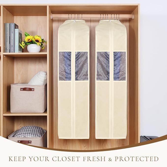 Univivi Premium Cotton Garment Bags for Hanging Clothes and Storage, 40 Inch Washable Suit Cover Bag with Extra Large 10" Gusset & Clear Window - Perfect for Suits, Coats, Jackets - 2 Pack, Beige - Image 3