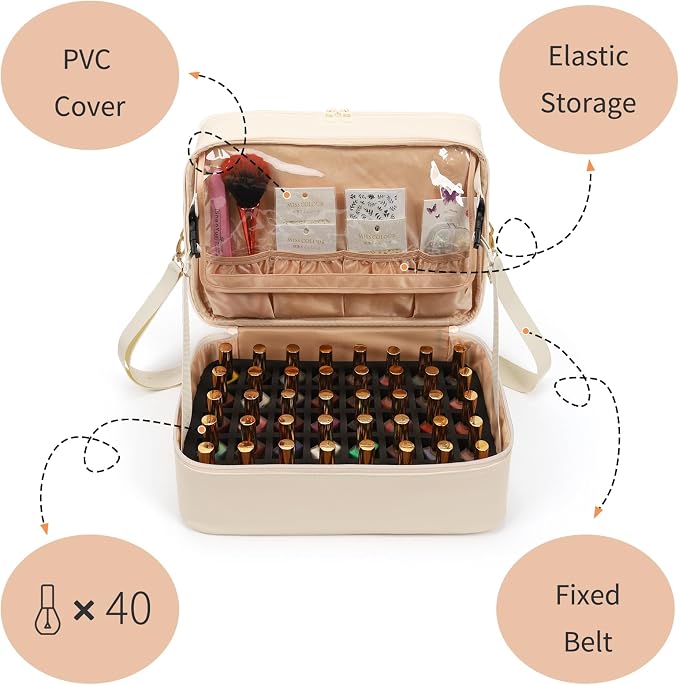 Ethereal Nail Polish Organizer Case, Leather Nail Polish Bag Holds 50+ Bottles (5ml/0.5fl.oz) and Nail Lamp, Nail Storage Organizer with Compartment, Leather White - Image 5