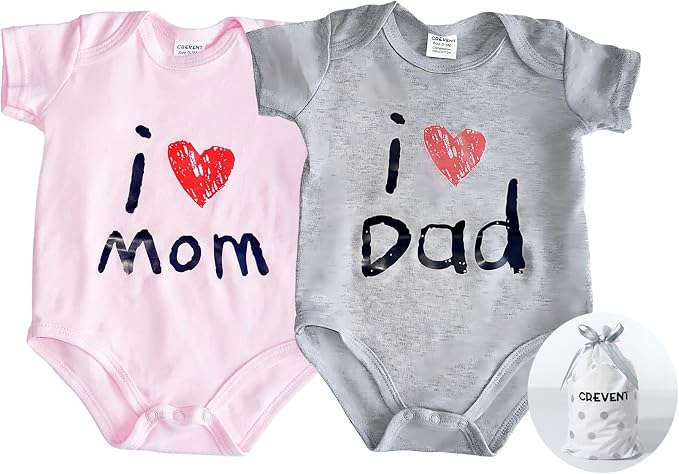 CREVENT Set for Newborns 0-3 Month 100% Cotton Bodysuit- I Love Dad & Mom Onesie 2 Packs (Grey & Pink Rompers with a Gift Bag) by CREVENT