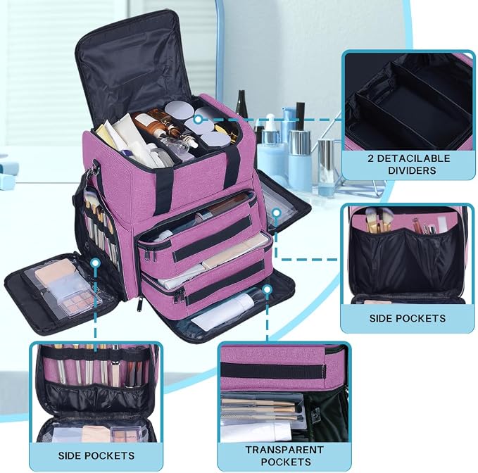 Large Makeup Bag with 2 Removable Case Cosmetic,Purple | Large Makeup Bag with 2 Removable Case Multifunctional Cosmetic Bag Double Layer Travel Toiletry Organizer - Image 3