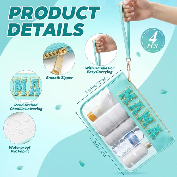 4 Pcs Mama Baby Snacks Stuff Clear Pouch Set, Chenille Letter Diaper Bag Organizer Pouches, Transparent Travel Toiletry Makeup Bags for New Mom Baby Shower - Image 2