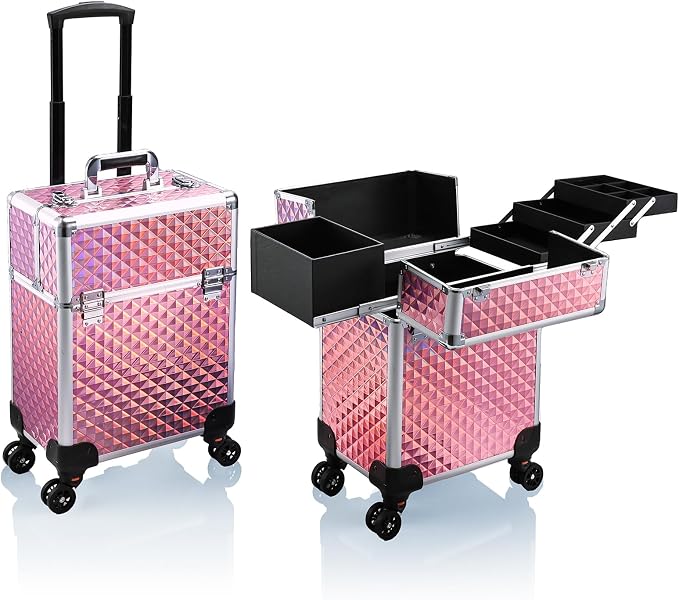 Stagiant Rolling Makeup Train Case Large Storage Cosmetic Trolley 4 Tray with Sliding Rail Removable Middle Layer with Key Swivel Wheels Salon Barber Case Traveling Cart Trunk by Stagiant