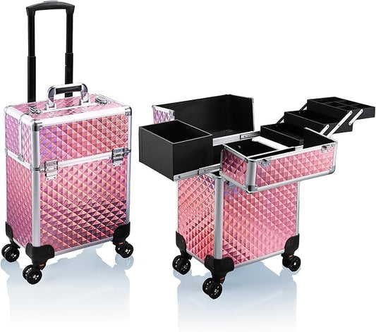 Stagiant Rolling Makeup Train Case Large Storage Cosmetic Trolley 4 Tray with Sliding Rail Removable Middle Layer with Key Swivel Wheels Salon Barber Case Traveling Cart Trunk by Stagiant