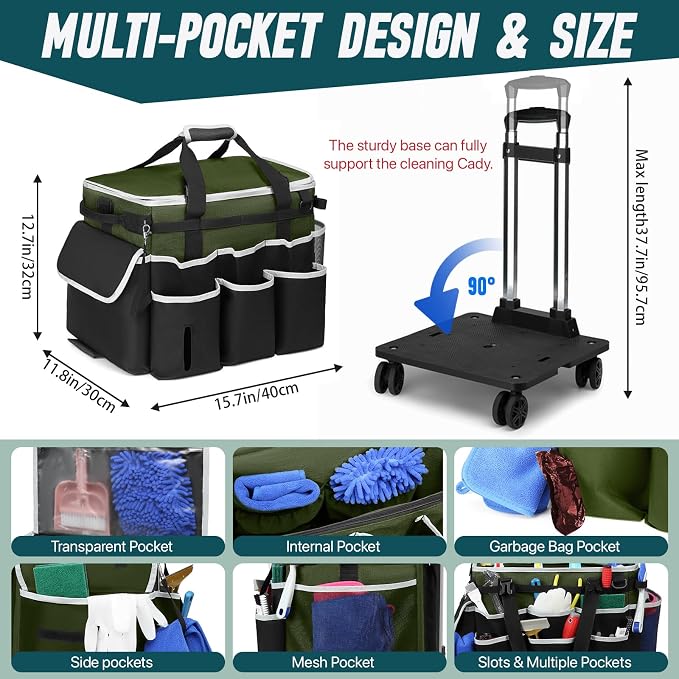 Large Rolling Cleaning Caddy Bag with Detachable Trolley, Full Support Plates for Professional Cleaning Supplies Bag, Organizer Bag with 4 Universal Wheels for Housekeepers, Car Wash (Green) - Image 5