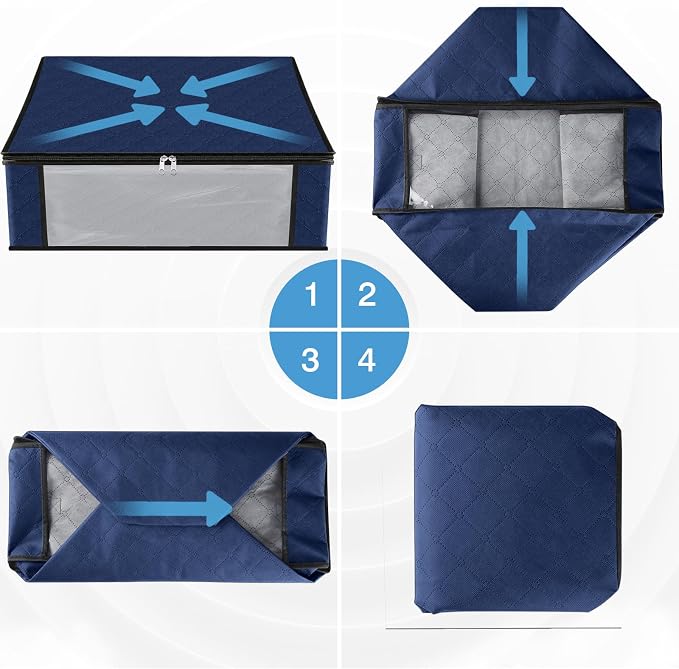 HomeHacks Storage 6-Pack Clothes Organizer Storage Bags Foldable Storage Box with Large Clear Window Sturdy Handles for Closet, Dorm, Pillows, Bedding, Clothes, Blankets, 35L, Blue - Image 3