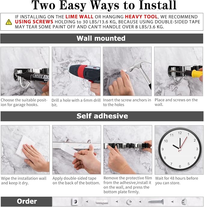 2 Pack 3 Racks and 4 Hooks Broom and Mop Holder Wall Mounted Garage Organizer Storage Tool Racks Stainless Steel Heavy Duty Hooks Self Adhesive Solid Non-slip Wall Hangers for Home Kitchen Garden - Image 5