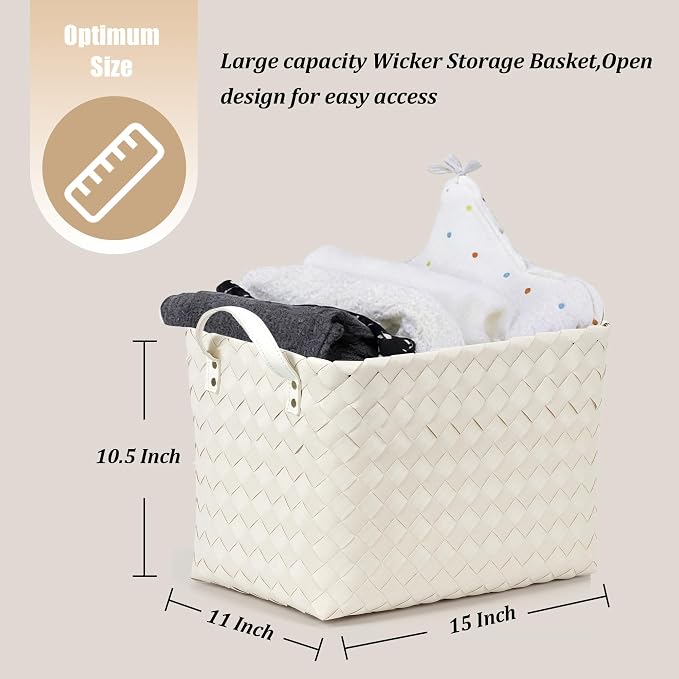 Handwoven Clothes Basket Laundry Hampers Large Wicker Storage Baskets for Shelves Blankets Closet Storage Bins Car Bedroom Bathroom Organizers and Storage Bath (Pack of 4, Ivory) - Image 5
