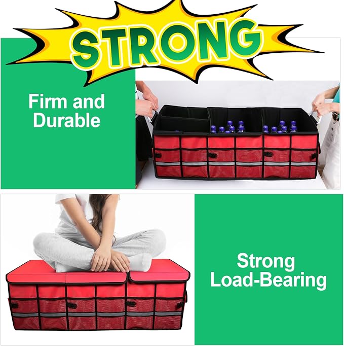 Big Car Trunk Organizer, Cargo Organizer SUV Trunk Storage Non Slip Bottom Waterproof Collapsible Durable Multi Compartments-(Oversize,Red) - Image 2