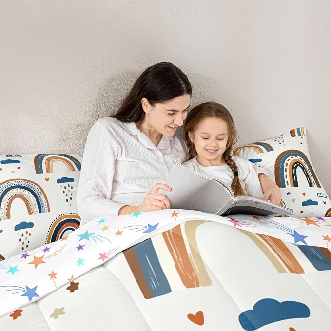 Rainbow Quilt Twin Size, Kawaii Cartoon Cloud Duvet Insert For Girls Kids Boys Children Bedroom,Iridescent Stripes Girly Comforter Set Colourful Cute Love Heart Down Comforter With 1 Pillow Case - Image 5