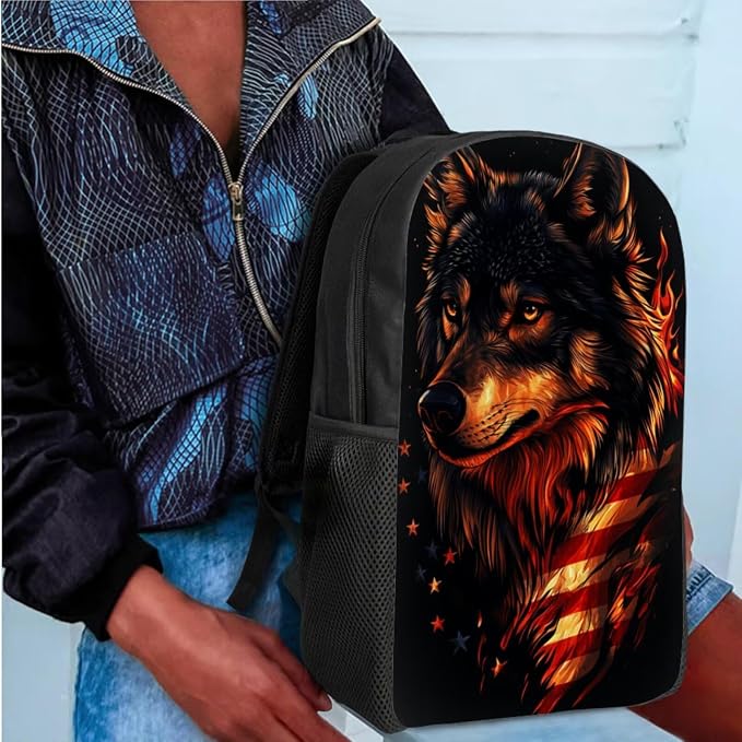 GIFTPUZZ Cool Wolf American Flag Backpack Set for Elementary Boys | Patriotic School Bag Set, 4 Piece Large Capacity Bookbag with Lunch Box, Pencil Case, Water Bottle Sleeve, Outdoor Travel - Image 4