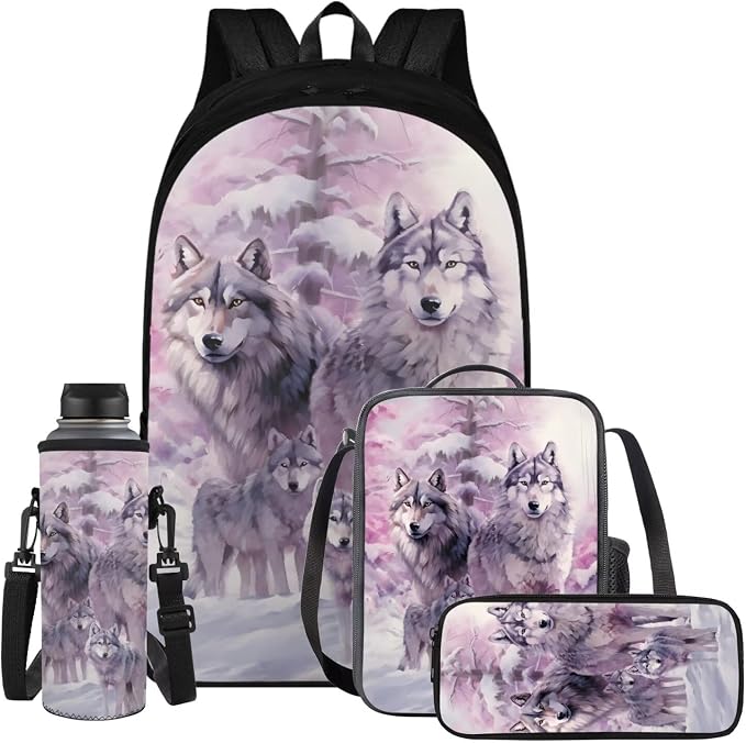 Wolf Backpack for Girls Kids Backpack with Lunch Box Water Bottle Carrier and Soft Pencil Case 4PCS Set Bookbag with Compartments for School 17 inch Large Capacity School Bag and Side Pocket by ELEDIZI