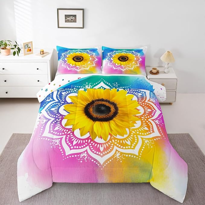 Erosebridal Bohemian Mandala Comforter Set Full Size, Kids Boho Sunflower Duvet Sets Tie Dye Tribal Exotic Bedding Set for Boys Girls Teens Women, Psychedelic Watercolor Quilt Set Soft for Bedroom - Image 2