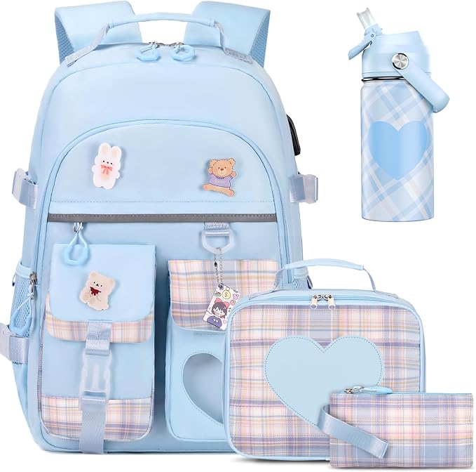 ACESAK Backpack for Girls with Insulated Water Bottle, Bookbag Backpack for Girls Kids, 14oz Kids Water Bottle Stainless Steel, Lunch Bag & Pencial Case, Back To School Gift (Blue) by ACESAK